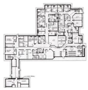 A floor plan of an office building with many windows.