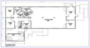 A floor plan of an activity area with several rooms.