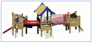 A playground with slides and swings for children.